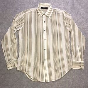 Positano Button Up Shirt Men's Medium Striped‎ Khaki Green White Long Sleeve USA